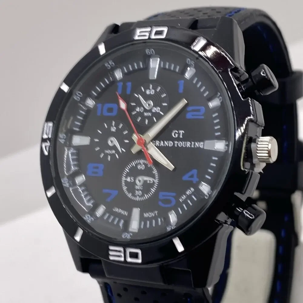 GT Mens Racing Style Rugged Rubber Black Watch New Battery